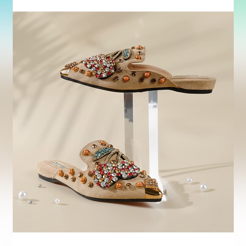 Cherry Rhinestone Khaki Metal Pointed Closed Toe Loafers